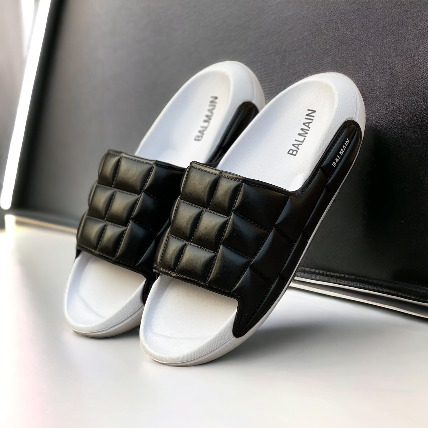 Original White Black-Square Balmain Slides SBS-204