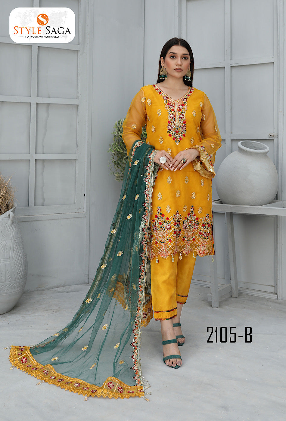 Yellow and Green Style Saga Unstitched Suit 2105