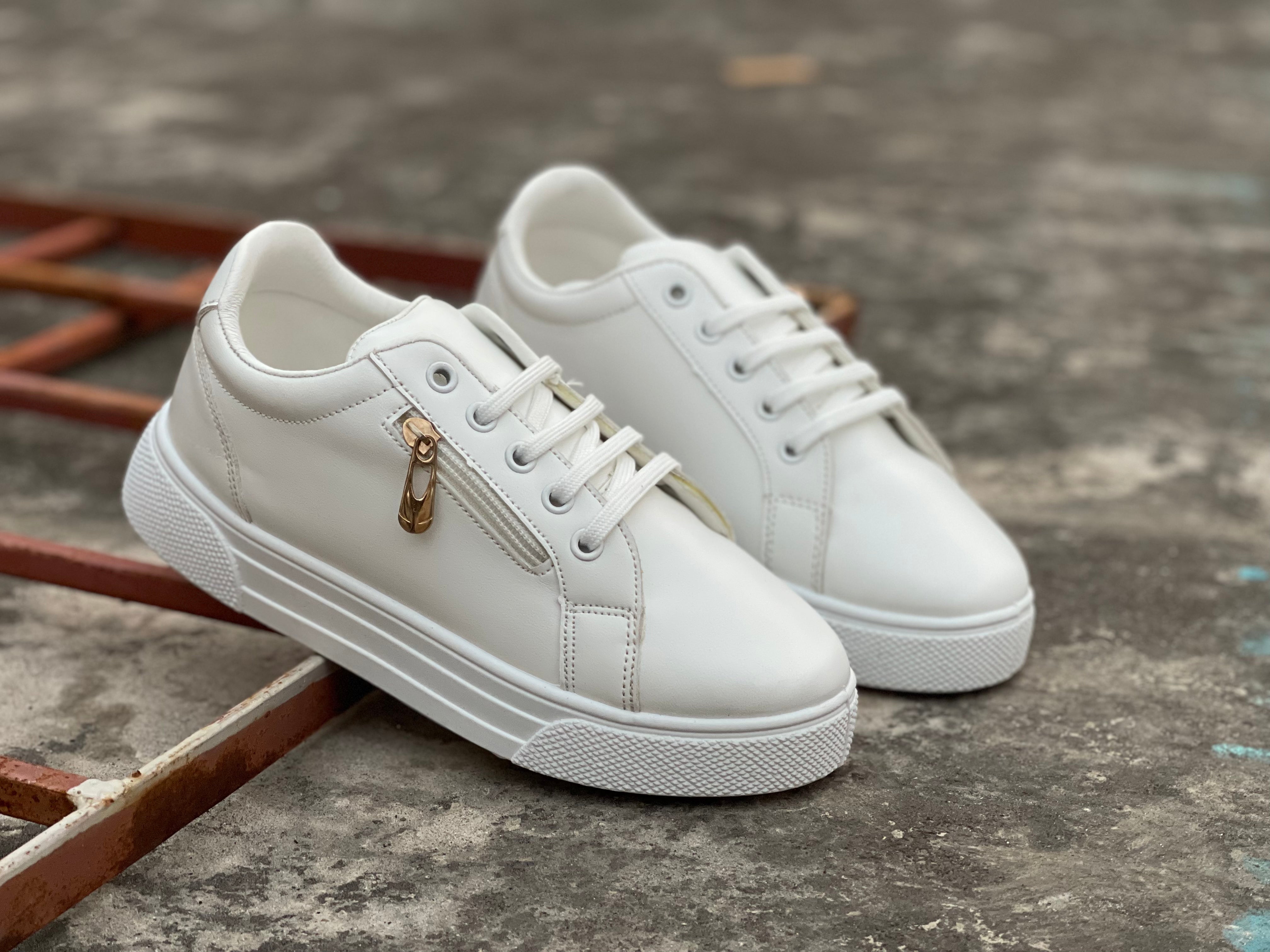 White - Zip Up - Ladies Sneakers - LDZ-200