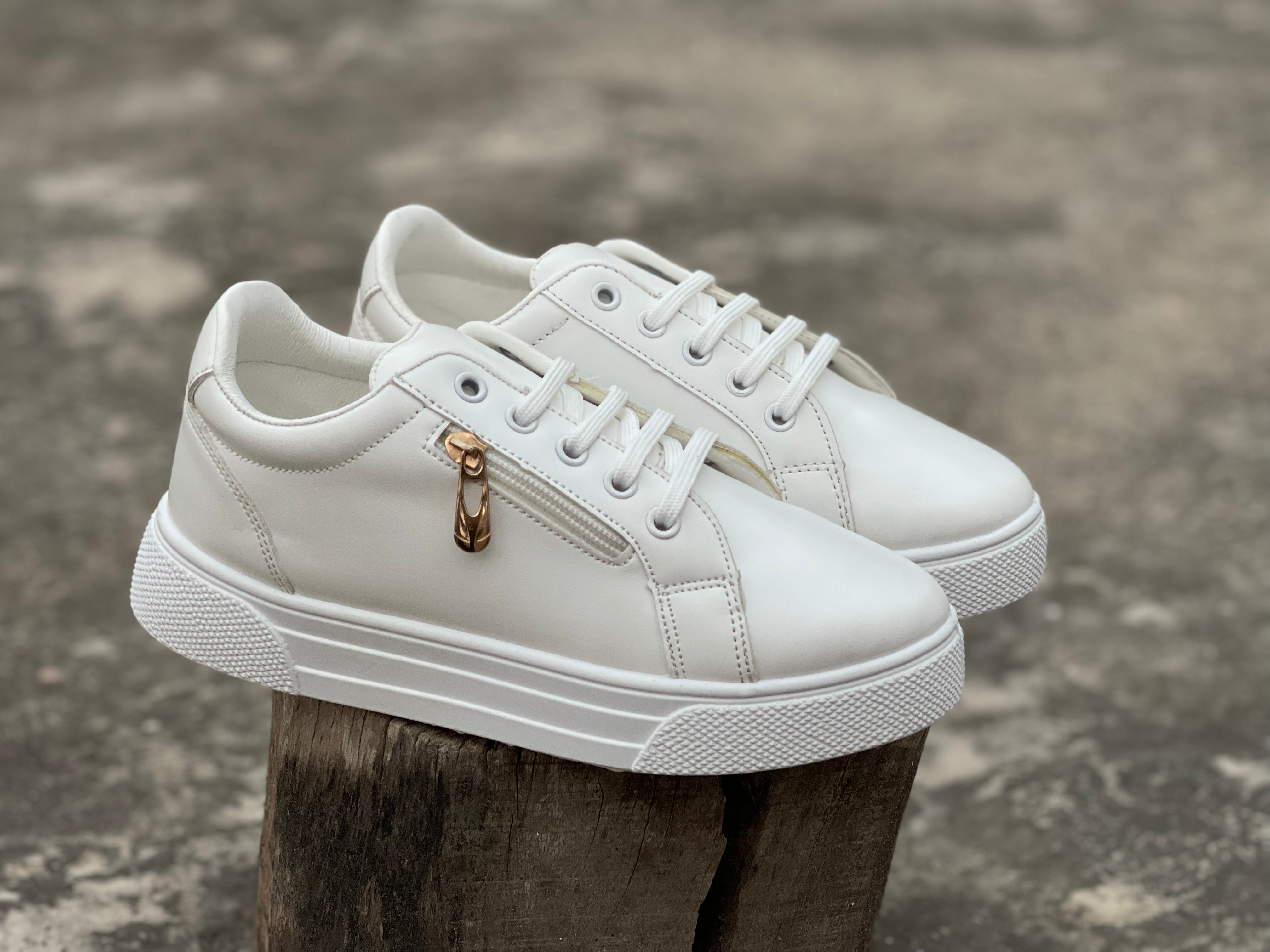 White - Zip Up - Ladies Sneakers - LDZ-200