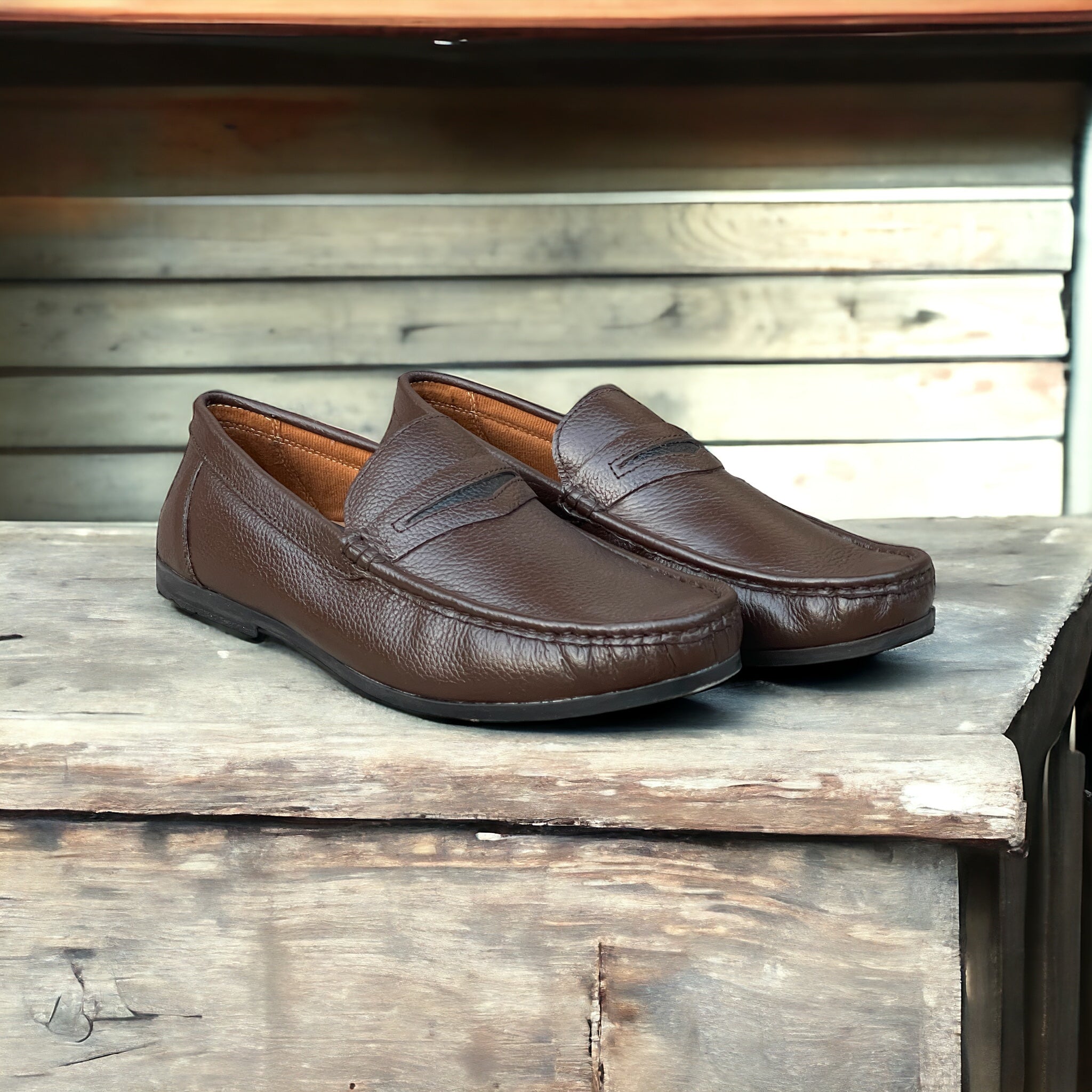 Pure Leather Brown Diamond X Ways - Loafers FL-0808