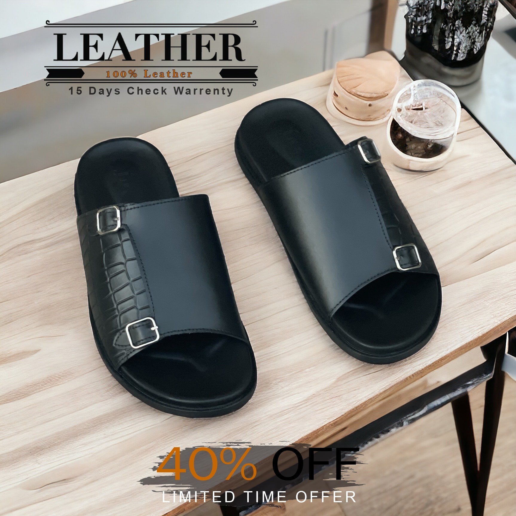 Pure Leather Black Buckle Chapal | 100% Pure