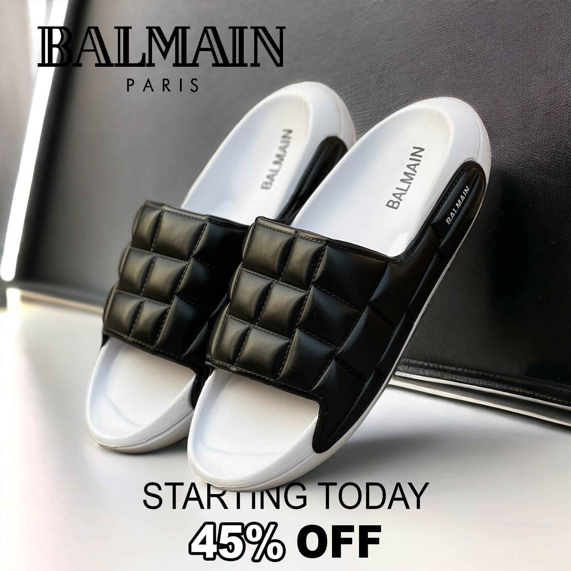 Original White Black-Square Balmain Slides SBS-204