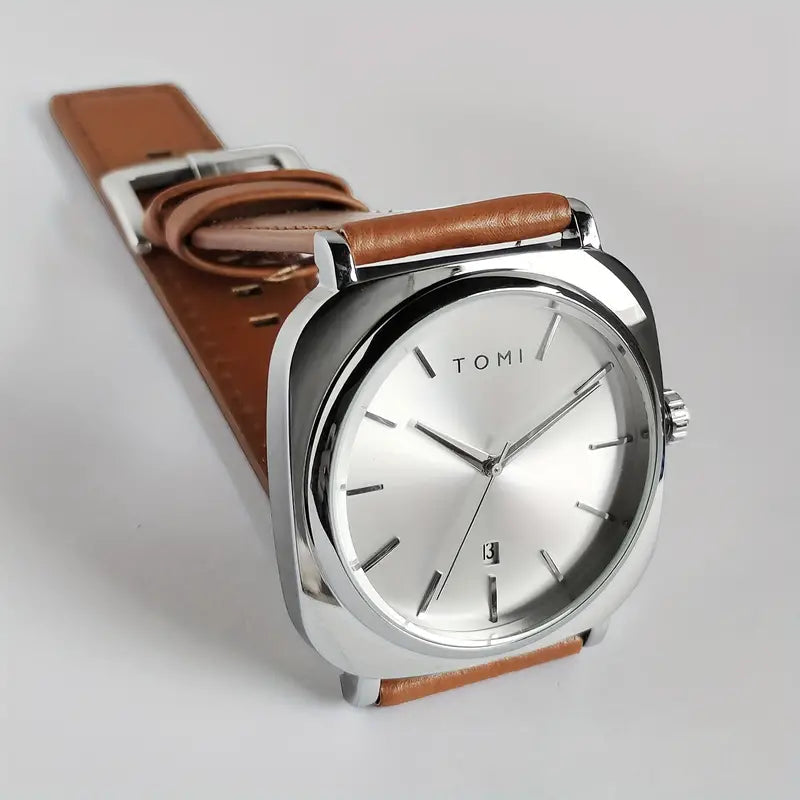 TOMI T-084 Men's Watch Quartz Date Leather Strap | BROWN SILVER