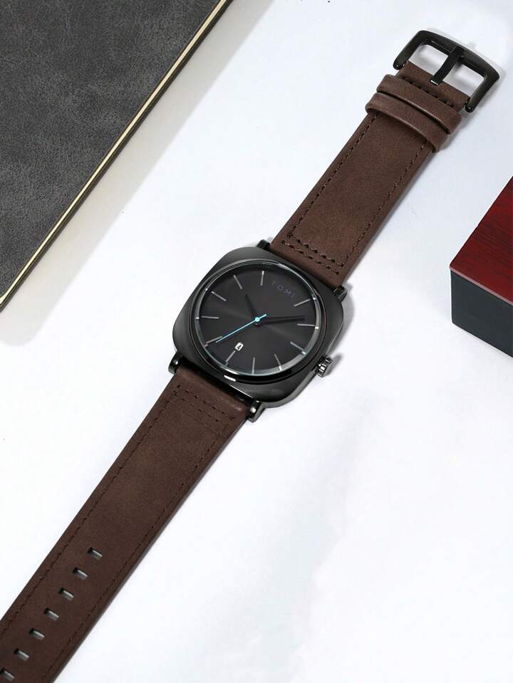 TOMI T-084 Men's Watch Quartz Date Leather Strap | DARK BROWN BLACK