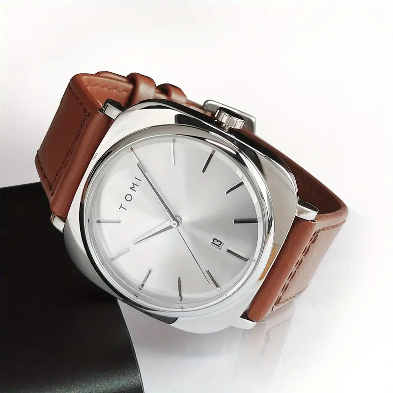 TOMI T-084 Men's Watch Quartz Date Leather Strap | BROWN SILVER