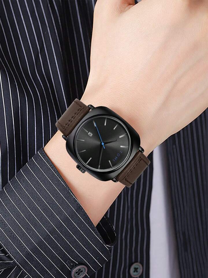 TOMI T-084 Men's Watch Quartz Date Leather Strap | DARK BROWN BLACK