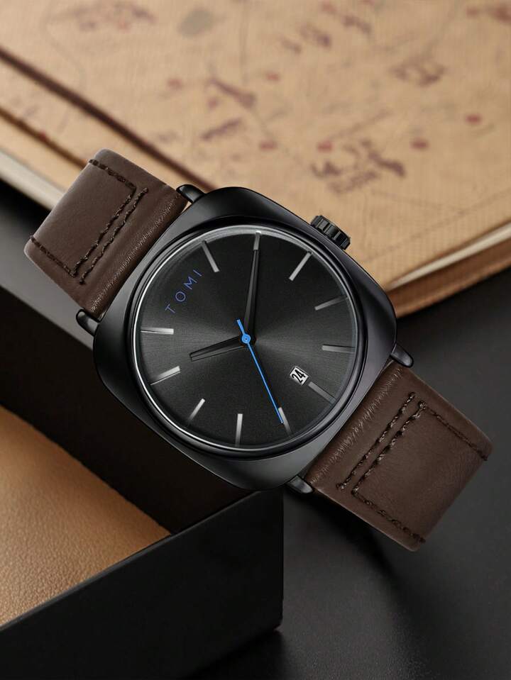 TOMI T-084 Men's Watch Quartz Date Leather Strap | DARK BROWN BLACK