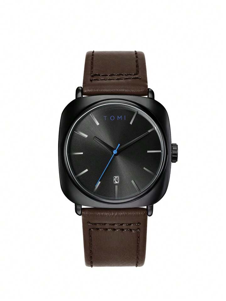 TOMI T-084 Men's Watch Quartz Date Leather Strap | DARK BROWN BLACK