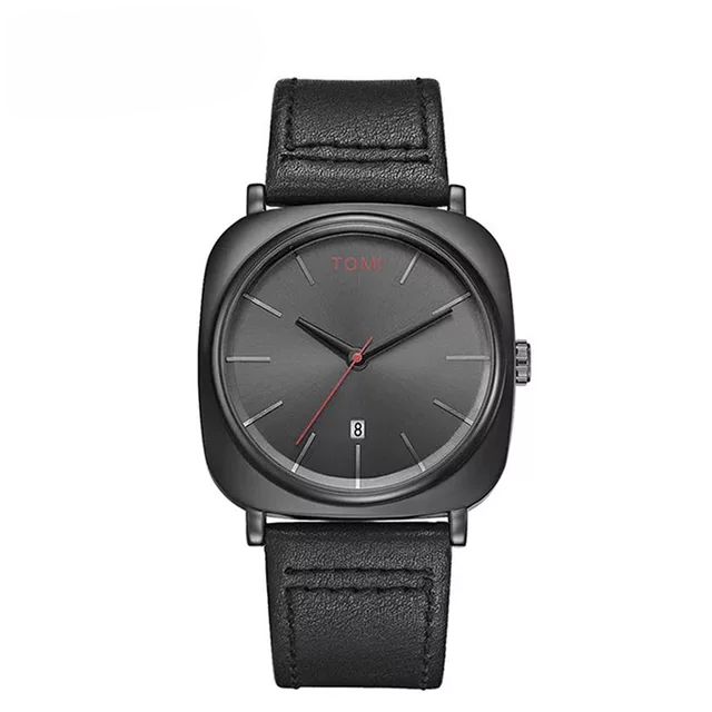 TOMI T-084 Men's Watch Quartz Date Leather Strap | BLACK