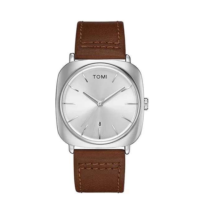 TOMI T-084 Men's Watch Quartz Date Leather Strap | BROWN SILVER